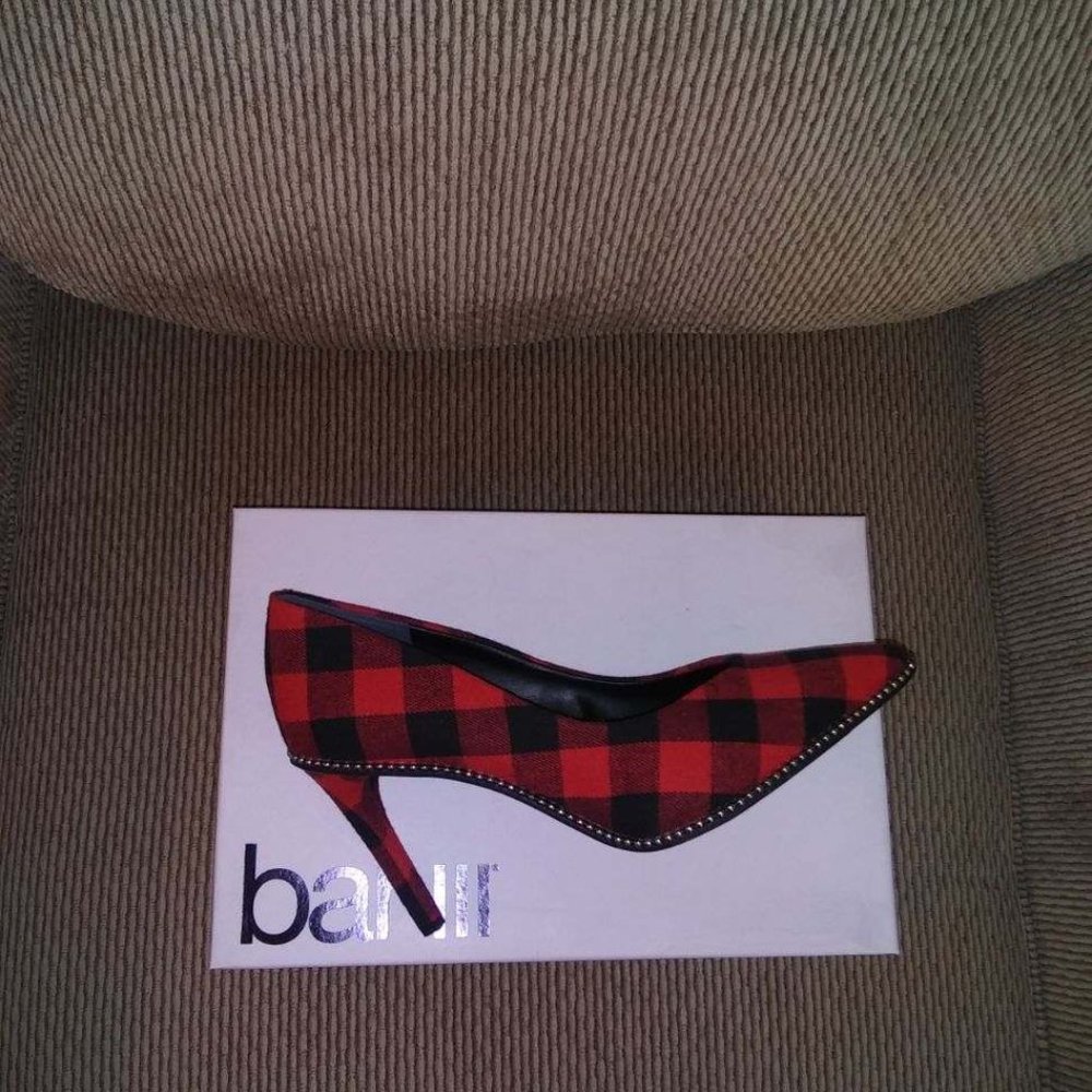 RED and BLACK checkered HEELS silver beaded trim around the shoes
